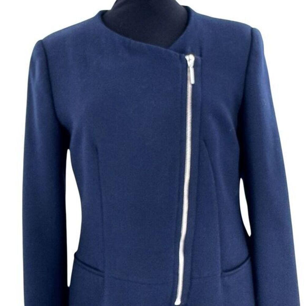 Zara Basic Navy Asymmetrical Zipper Front Tailored Jacket‎ Women's Size Large - Picture 2 of 8